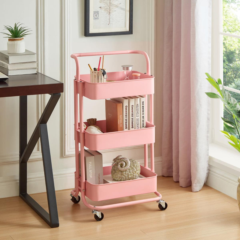 3‑Tier Pink Storage Trolley on Wheels – Versatile Organiser for Kitchen, Bathroom, Office or Bedroom