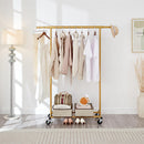 Heavy Duty Gold Clothes Rail – Adjustable Width & Height with Shelf and Locking Wheels