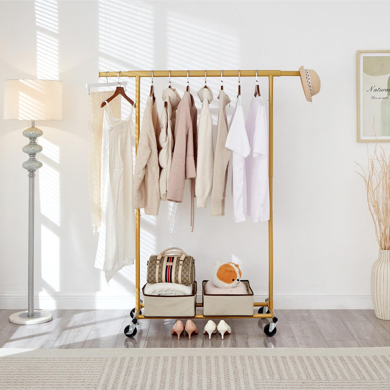 Heavy Duty Gold Clothes Rail – Adjustable Width & Height with Shelf and Locking Wheels