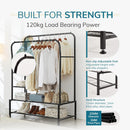 Double Hanging Clothes Rail with Shelves & Shoe Storage – Black Metal, 6 Shelves