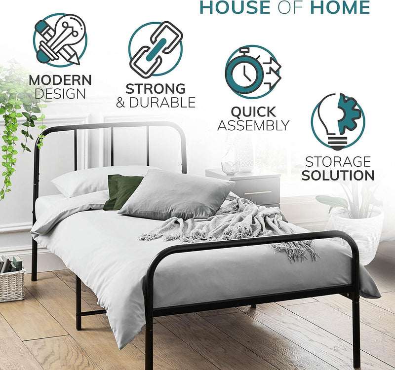 Extra Strong Single Metal Bed Frame with Rounded Head and Foot Board In Black
