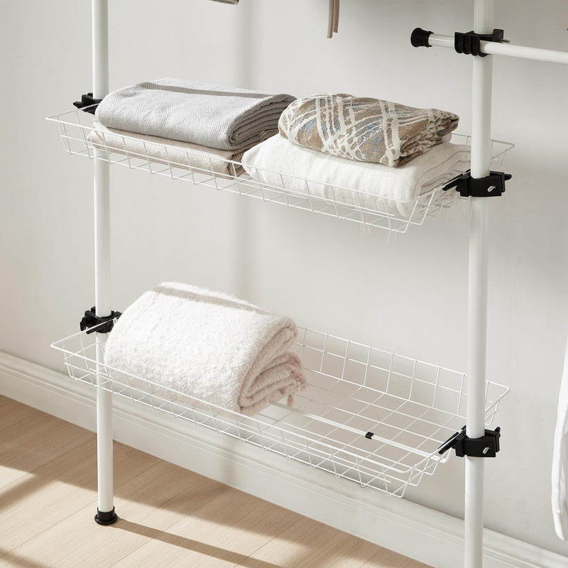 Adjustable Double Telescopic Clothes Rail with Storage Baskets & Shelving – White