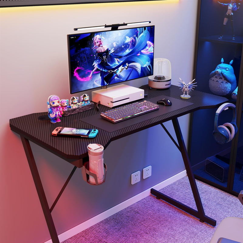 Gaming Desk Carbon Fibre Finish Black 120cm Cup Holder, Headphone Hook