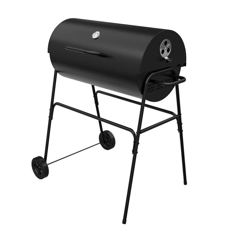 Barrel Charcoal BBQ Grill with Lid Thermometer, Portable Trolley Smoker, Wheels