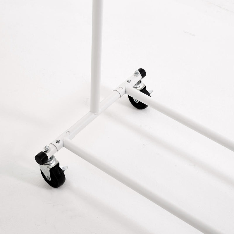Heavy Duty White Clothes Rail – Adjustable Width & Height with Shelf and Locking Wheels