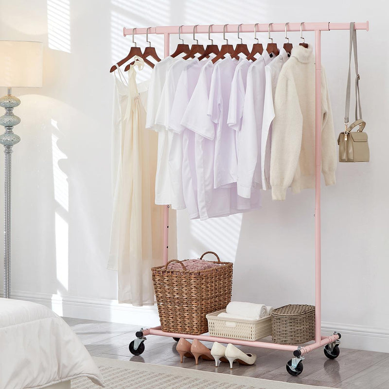Heavy Duty Pink Clothes Rail – Adjustable Width & Height with Shelf and Locking Wheels