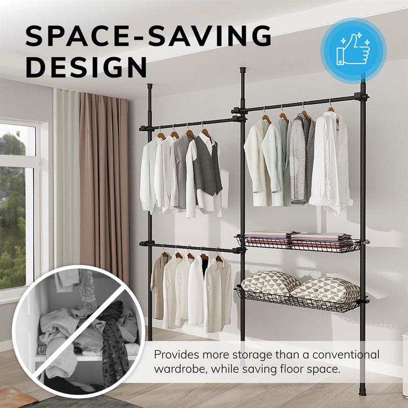 Adjustable Double Telescopic Clothes Rail with Storage Baskets & Shelving – Black