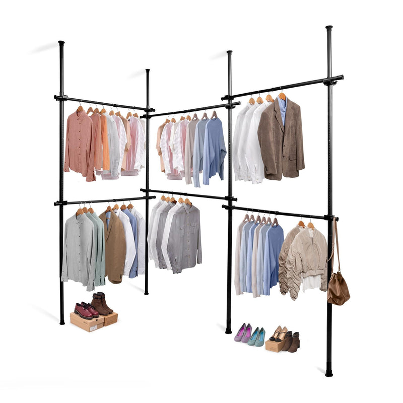 Black Floor to Ceiling Triple Telescopic Wardrobe Organiser – 2 Tier Modular Hanging Clothes Rack
