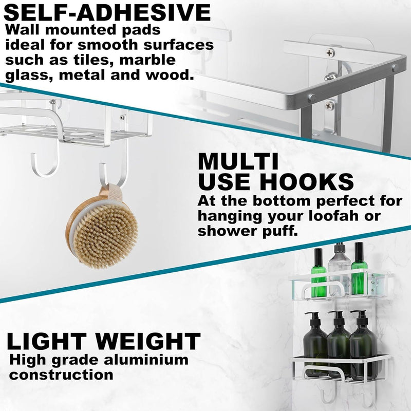 Self Adhesive 2 Tier Aluminium Shower Caddy – Wall Mounted with Bottom Hooks