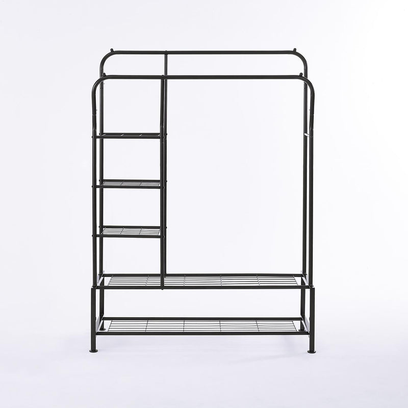 Double Hanging Clothes Rail with Shelves & Shoe Storage – Black Metal, 6 Shelves