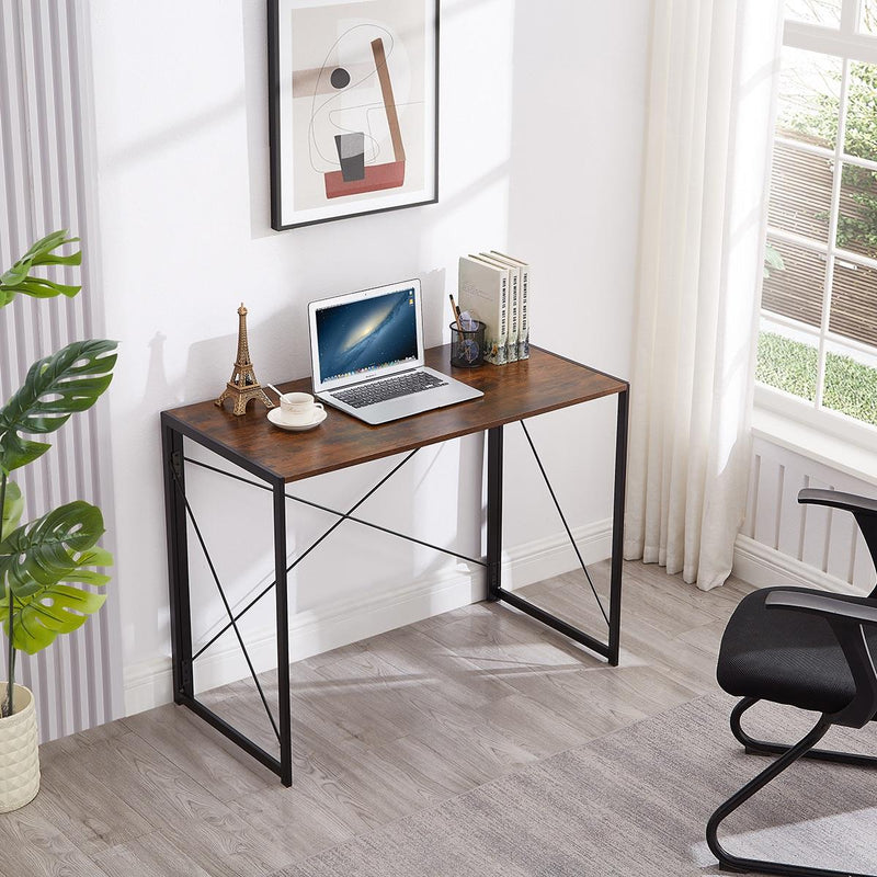 Folding Rustic Brown Wood Desk Table with Black Metal Frame – 100 x 50 x 75 cm