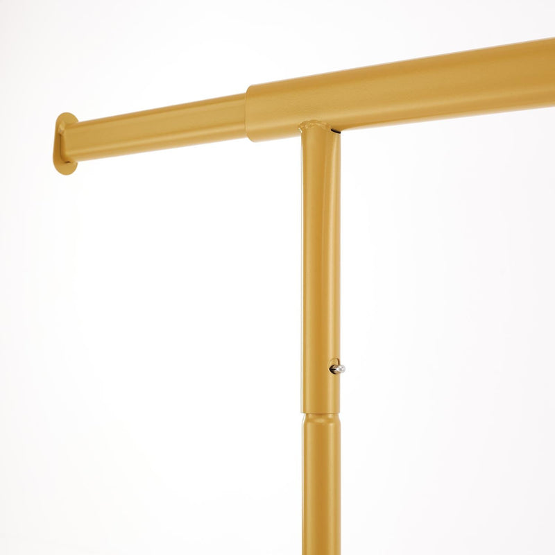 Heavy Duty Gold Clothes Rail – Adjustable Width & Height with Shelf and Locking Wheels