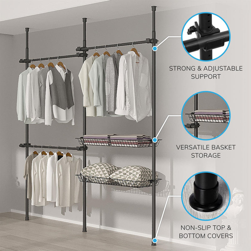 Adjustable Double Telescopic Clothes Rail with Storage Baskets & Shelving – Black