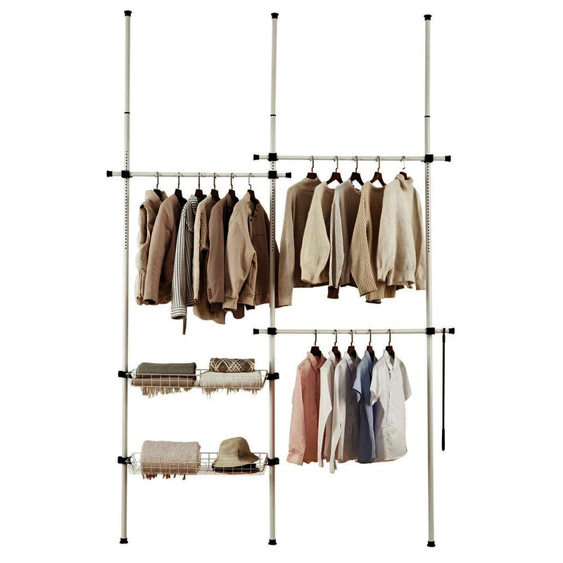 Adjustable Double Telescopic Clothes Rail with Storage Baskets & Shelving – White