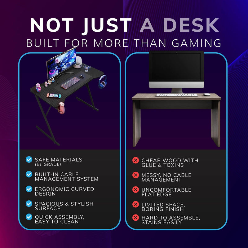 Gaming Desk Carbon Fibre Finish Black 120cm Cup Holder, Headphone Hook
