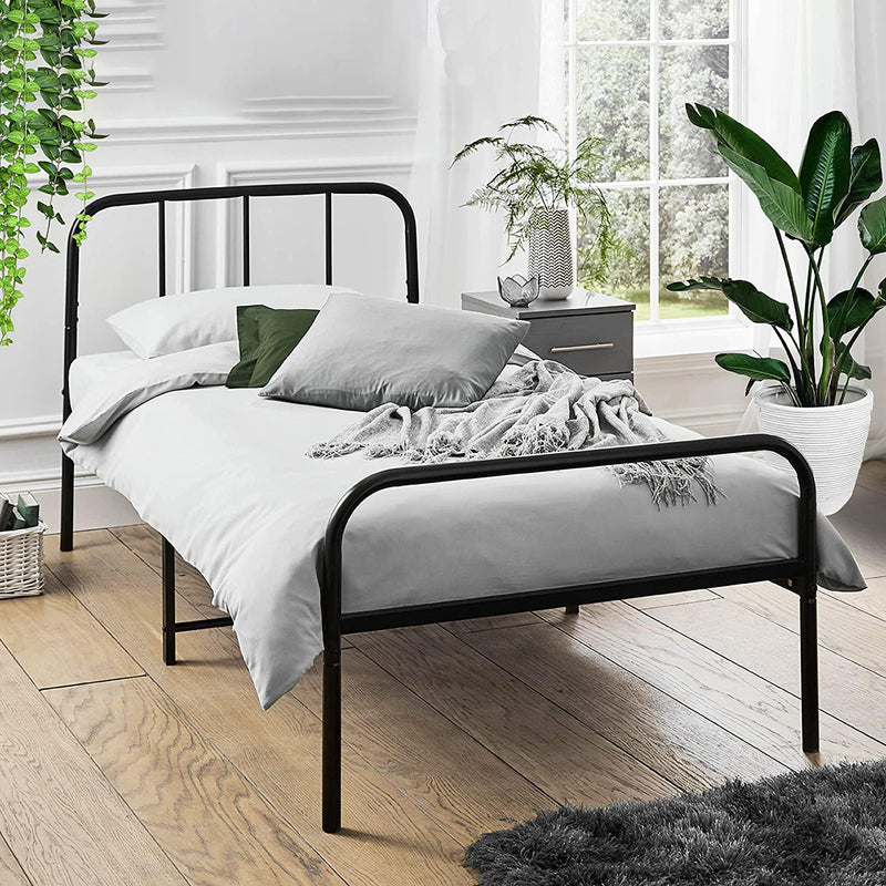 Extra Strong Single Metal Bed Frame with Rounded Head and Foot Board In Black