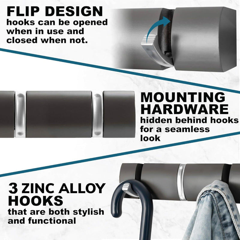 Wall Mounted Door Hook Rack – 3 Concealed Nickel Hooks on Dark Grey Board