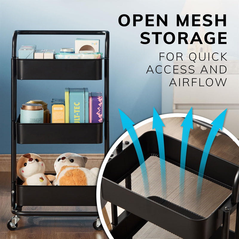 3‑Tier Black Storage Trolley on Wheels – Versatile Organiser for Kitchen, Bathroom, Office or Bedroom