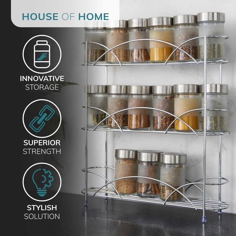 3 Tier Freestanding Spice Rack – Chrome Steel Herb Organiser with Non-Slip Feet