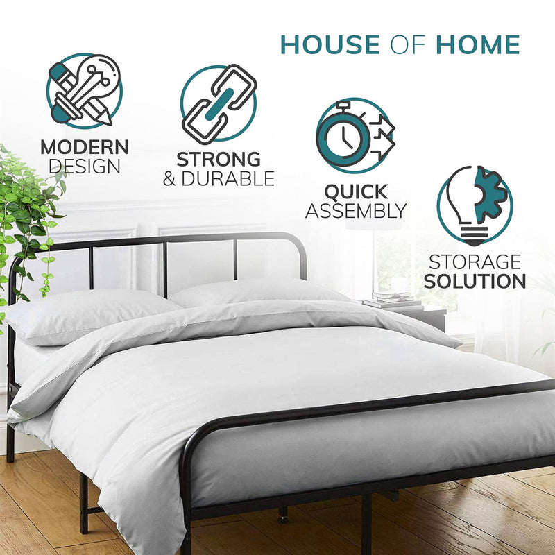 House Of Home | Double Bed Frame Extra Strong Black with Rounded Headboard - Easy Assembly Bed Base, Under Storage with Sturdy Tube Slats & Support Legs - 6.5ft x 4.5ft