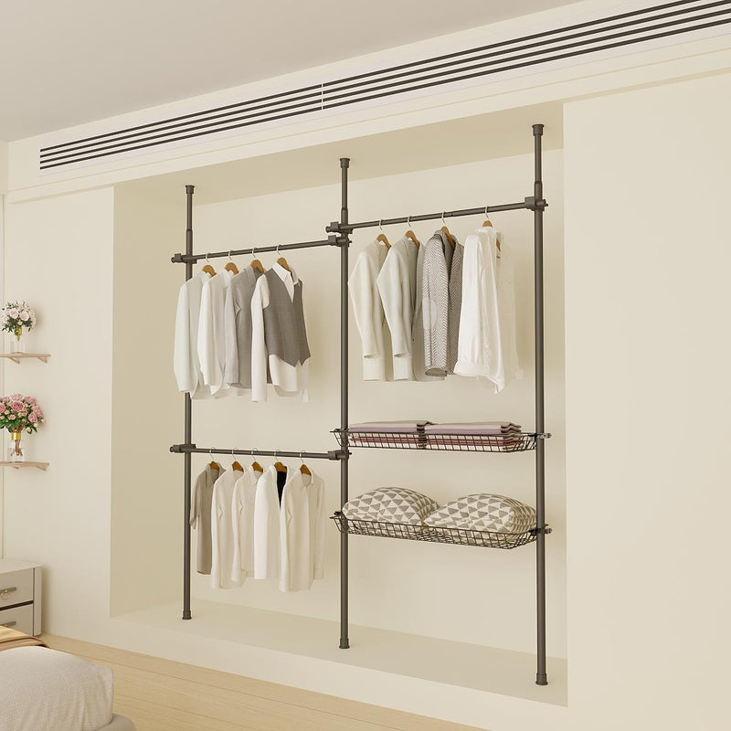 Adjustable Double Telescopic Clothes Rail with Storage Baskets & Shelving – Black