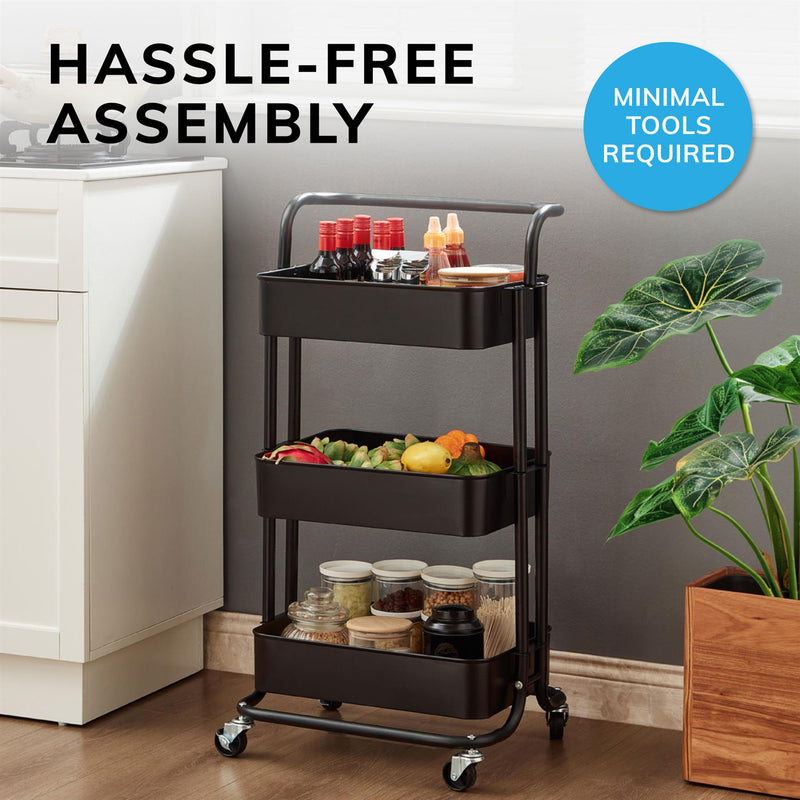 3‑Tier Black Storage Trolley on Wheels – Versatile Organiser for Kitchen, Bathroom, Office or Bedroom