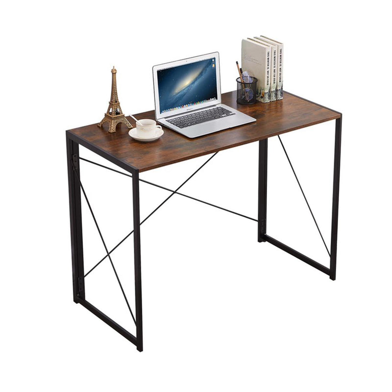Folding Rustic Brown Wood Desk Table with Black Metal Frame – 100 x 50 x 75 cm