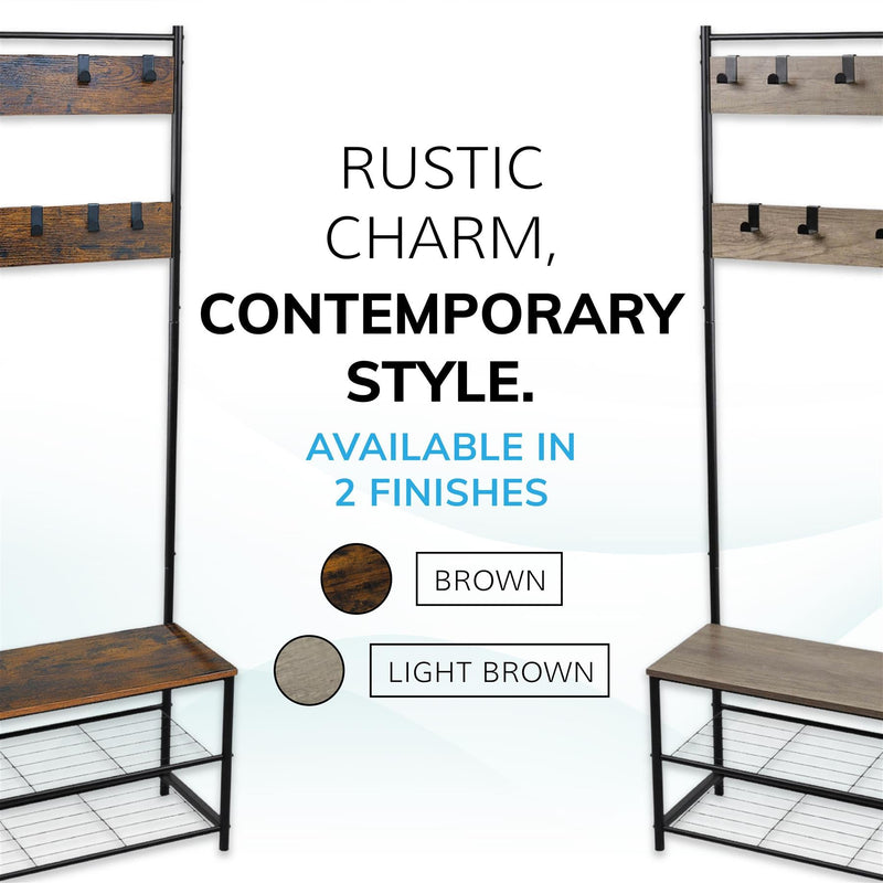 Multi-Function Coat Stand with Black Frame & Rustic Brown Wood – Hallway Entrance