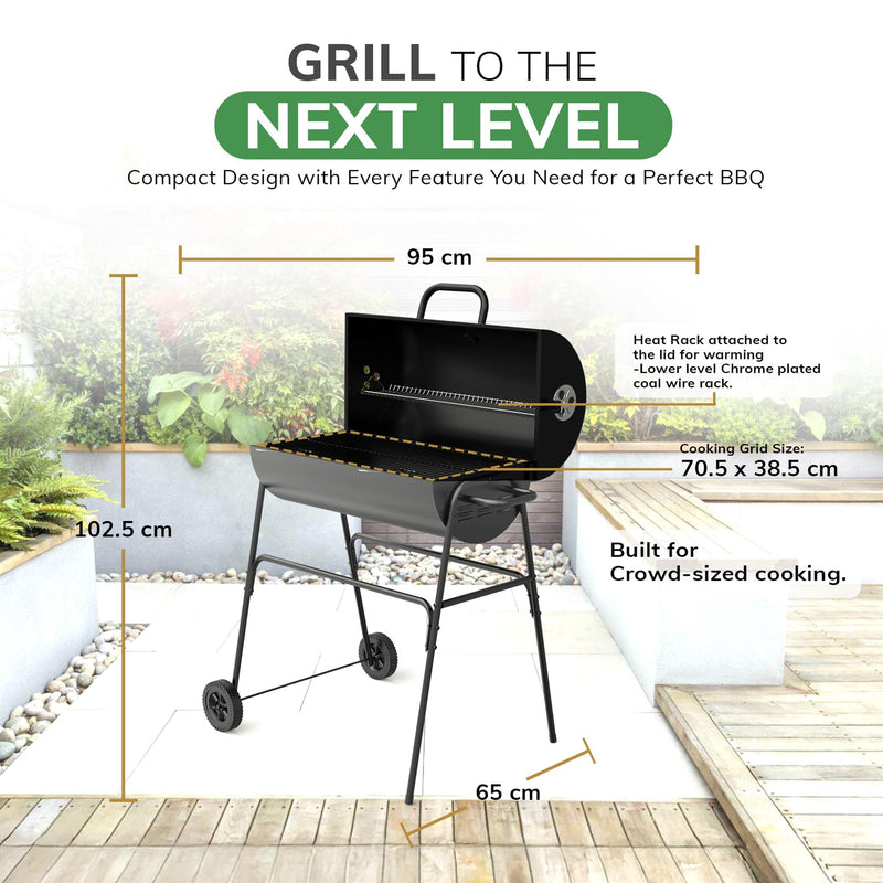 Barrel Charcoal BBQ Grill with Lid Thermometer, Portable Trolley Smoker, Wheels