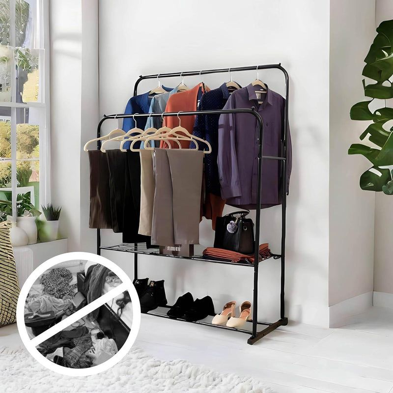 Black Double Clothes Rail with 2 Shelves – Heavy Duty Metal Frame with Adjustable Feet