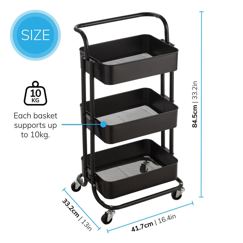 3‑Tier Black Storage Trolley on Wheels – Versatile Organiser for Kitchen, Bathroom, Office or Bedroom