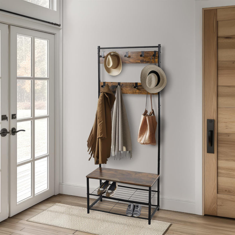 Multi-Function Coat Stand with Black Frame & Rustic Brown Wood – Hallway Entrance