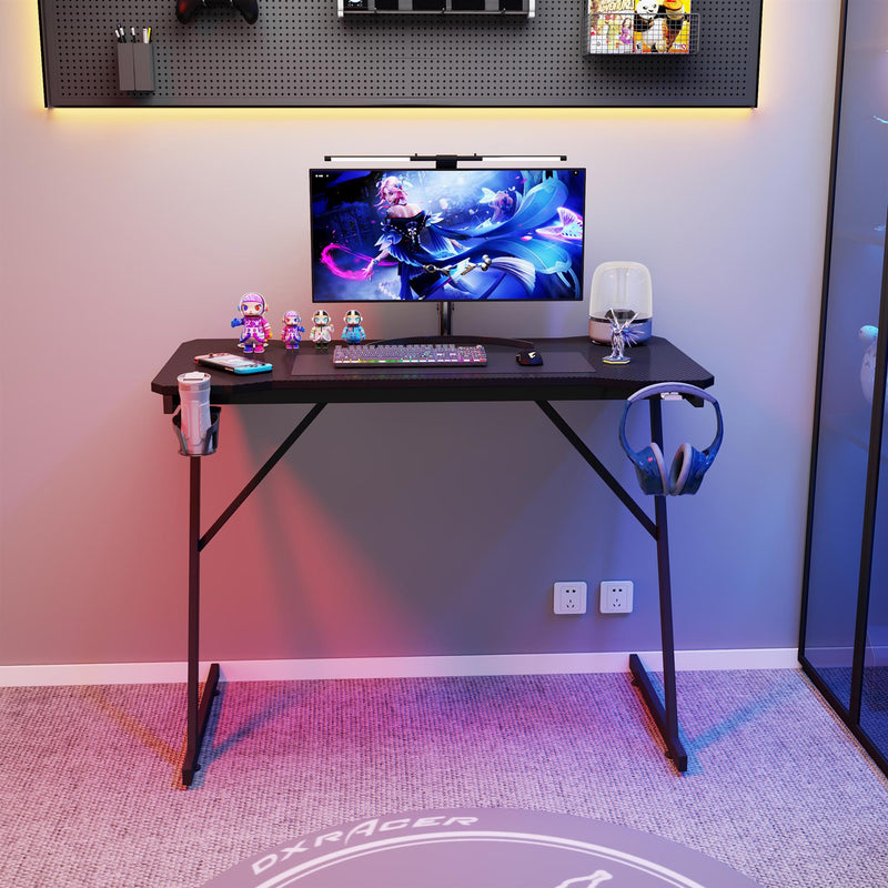 Gaming Desk Carbon Fibre Finish Black 80cm Cup Holder, Headphone Hook