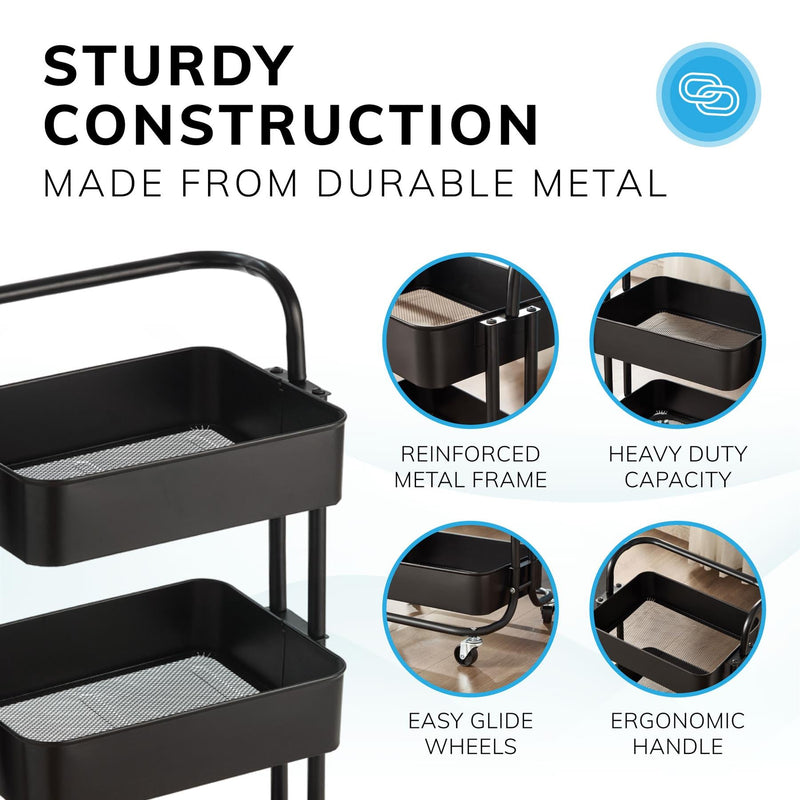 3‑Tier Black Storage Trolley on Wheels – Versatile Organiser for Kitchen, Bathroom, Office or Bedroom