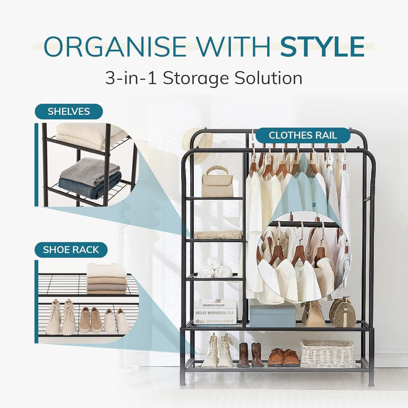 Double Hanging Clothes Rail with Shelves & Shoe Storage – Black Metal, 6 Shelves
