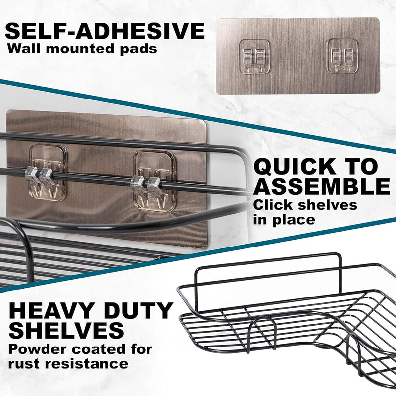 Set of 2 Black Self-Adhesive Corner Shower Shelves – Rust Resistant Storage