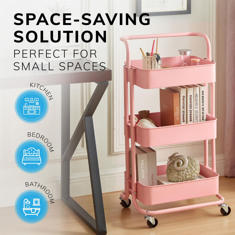 3‑Tier Pink Storage Trolley on Wheels – Versatile Organiser for Kitchen, Bathroom, Office or Bedroom