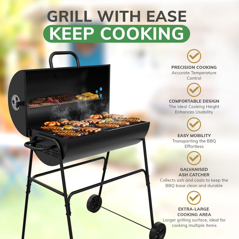 Barrel Charcoal BBQ Grill with Lid Thermometer, Portable Trolley Smoker, Wheels