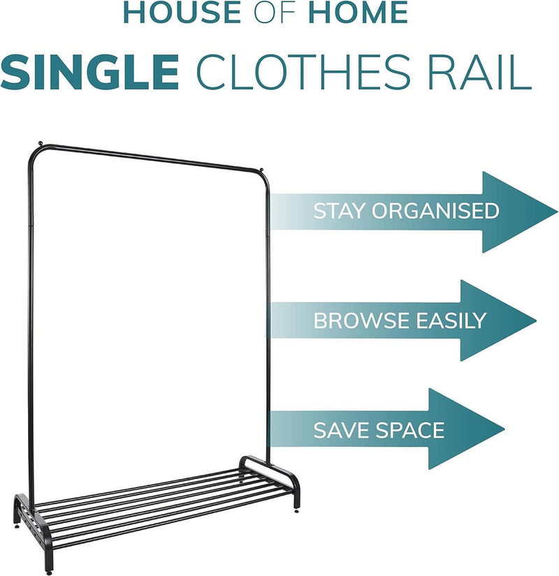White Garment Rack Clothes Rail Stand with Shoe Shelf – Adjustable Feet and Anti-Slip Bar Ends