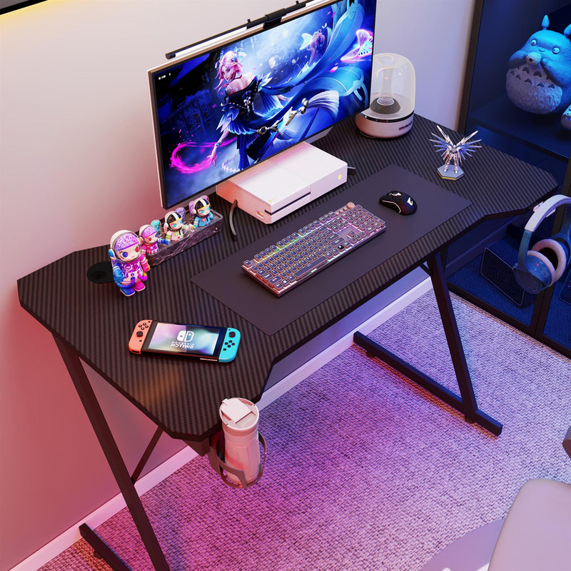 Gaming Desk Carbon Fibre Finish Black 80cm Cup Holder, Headphone Hook