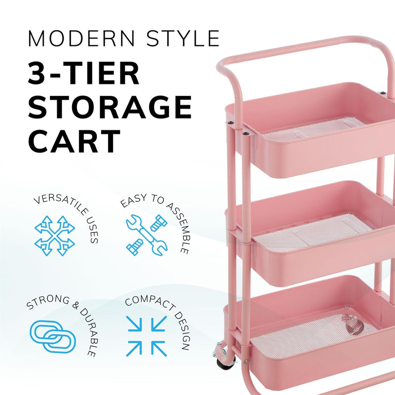 3‑Tier Pink Storage Trolley on Wheels – Versatile Organiser for Kitchen, Bathroom, Office or Bedroom