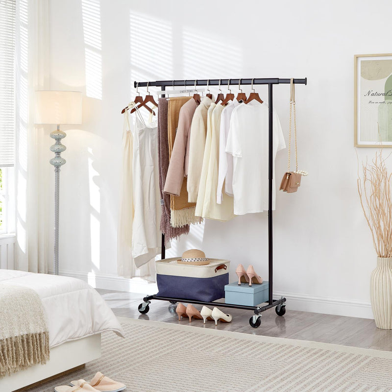 Heavy Duty Black Clothes Rail – Adjustable Width & Height with Shelf and Locking Wheels