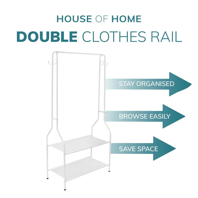 5ft Sturdy Steel White Clothes Rail With Two Shelves Hanging Storage Hooks