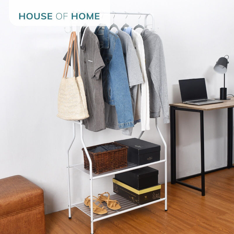 5ft Sturdy Steel White Clothes Rail With Two Shelves Hanging Storage Hooks