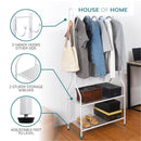5ft Sturdy Steel White Clothes Rail With Two Shelves Hanging Storage Hooks