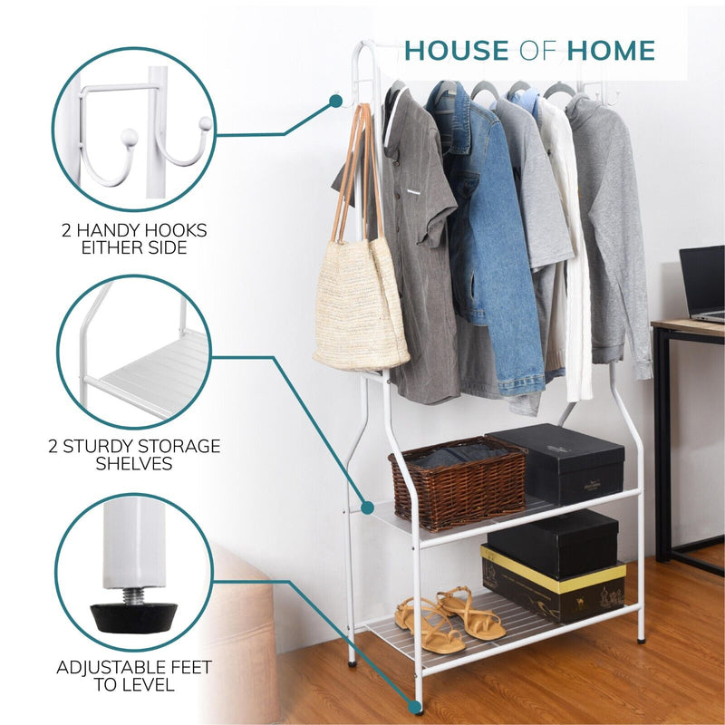 5ft Sturdy Steel White Clothes Rail With Two Shelves Hanging Storage Hooks