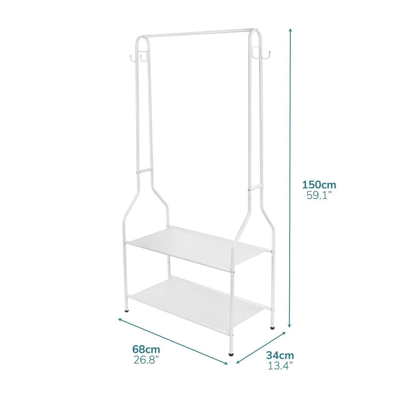 5ft Sturdy Steel White Clothes Rail With Two Shelves Hanging Storage Hooks