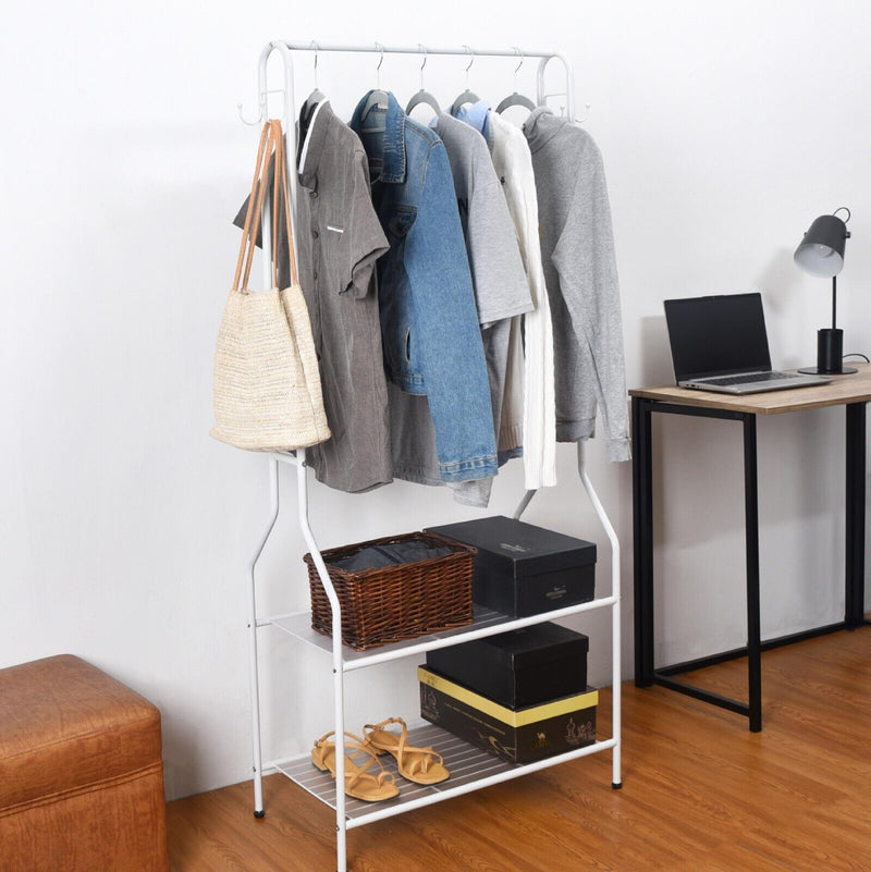 5ft Sturdy Steel White Clothes Rail With Two Shelves Hanging Storage Hooks