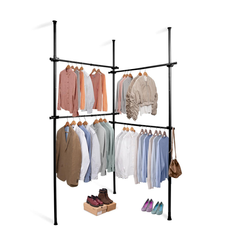 Black Floor to Ceiling Double Telescopic Wardrobe Organiser – 2 Tier Hanging Clothes Rack