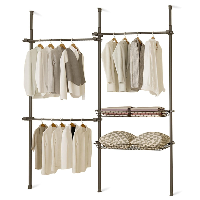 Adjustable Double Telescopic Clothes Rail with Storage Baskets & Shelving – Black